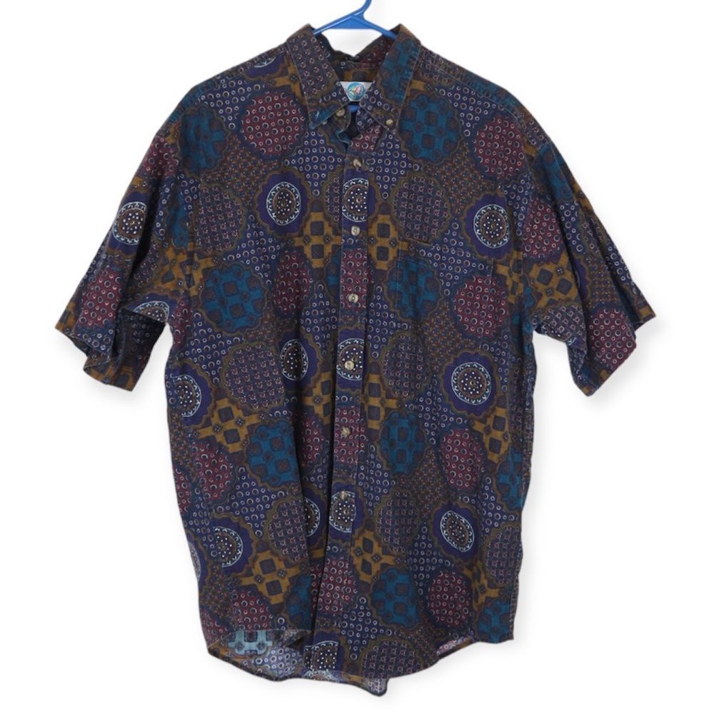 World Island Vintage Kaleidoscope Patterned Multicolored Button Down Men's Top L